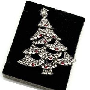 Vintage 1992 Avon Victorian Tree Pin Christmas Crystals Silver Tone NEW In Box